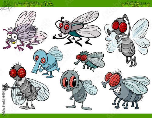 flies insects characters set cartoon illustration