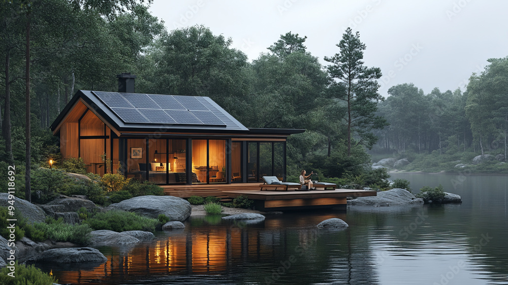 Fototapeta premium an eco-friendly cabin, solar panels on the roof, surrounded by a pristine natural setting.