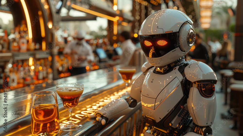 Fototapeta premium the android bartender robot stands at the bar against the background of alcohol with a glass full of alcohol,