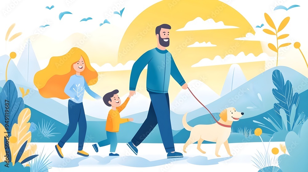 Happy Family Walking Dog, Cartoon Illustration Happy Family Walking Dog, Cartoon Illustration