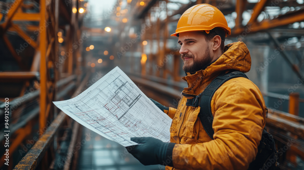 An engineer holding the project plan inspects the bridge while wearing a safety helmet. Skilled architect looking at blueprint