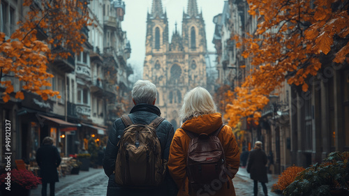 A senior couple exploring a historic city, looking up at a grand cathedral, with cobblestone streets and old-world architecture surrounding them,