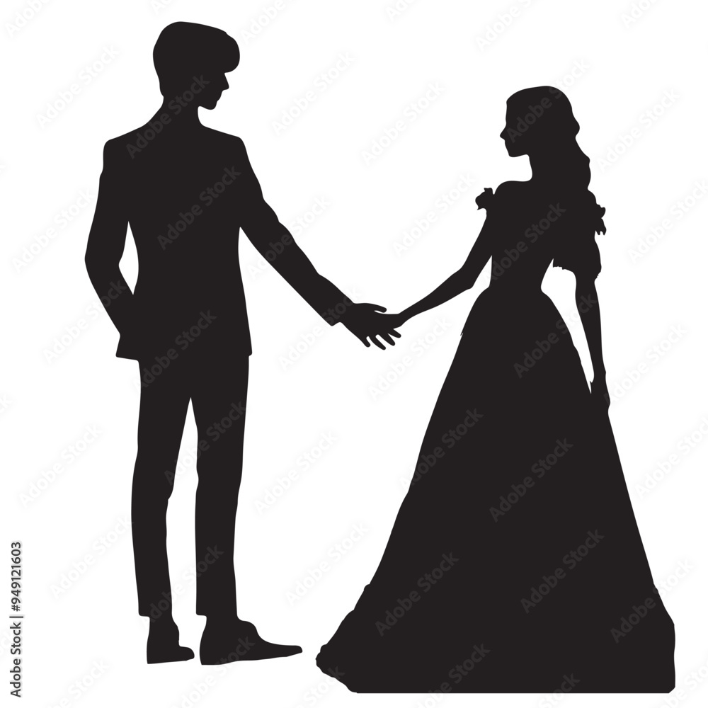 black Silhouette of a couple holding hands with white background black Silhouette of a couple holding hands with white background