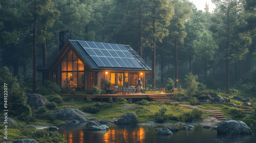 an eco-friendly cabin, solar panels on the roof, surrounded by a pristine natural setting. an eco-friendly cabin, solar panels on the roof, surrounded by a pristine natural setting.