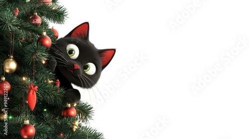 A playful black cat peeking out from a decorated Christmas tree adorned with colorful ornaments during the holiday season