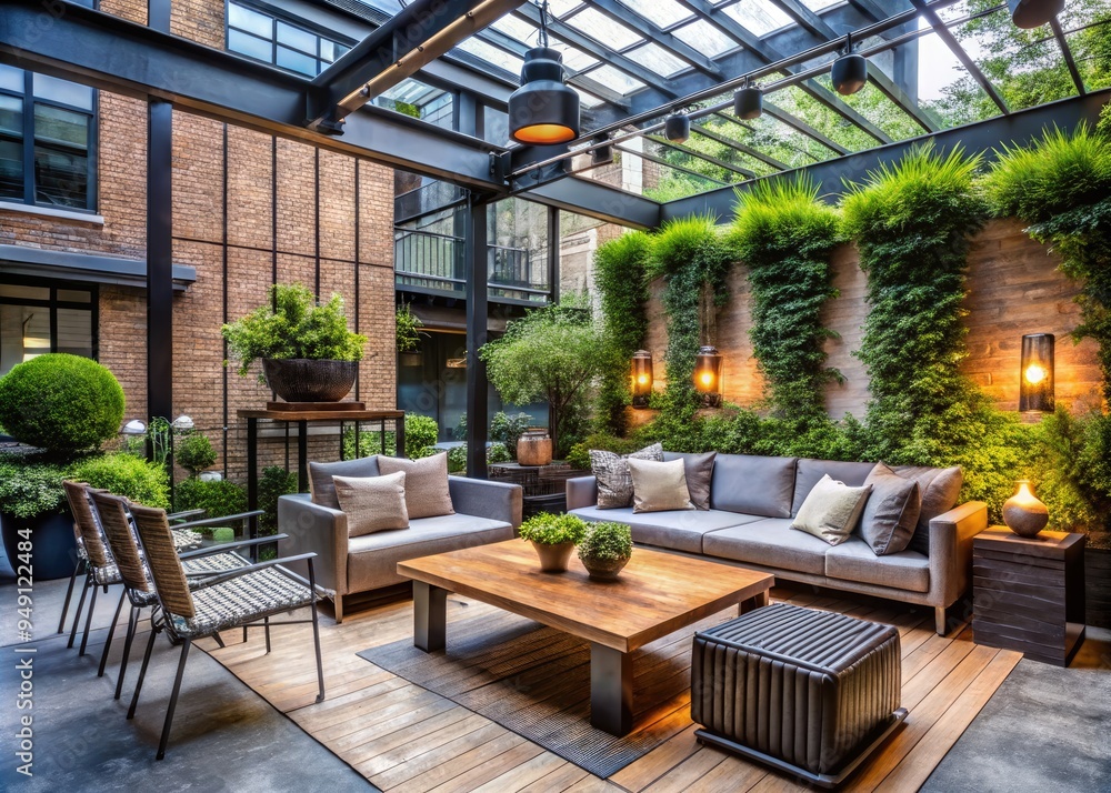 Fototapeta premium Urban modern outdoor decor with industrial accents and greenery