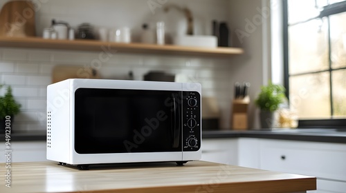 a modern white and black microwave in a house kitchen on the kitchen table. image used for an ad. 