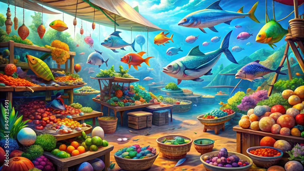 Fototapeta premium Vibrant 3D illustration of a bustling fish market showcasing colorful seafood stalls, nets, and various fish species in a lively, stylized underwater environment.