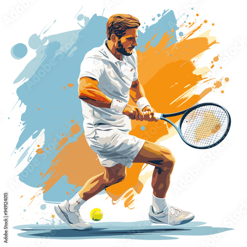 A man is playing tennis with a tennis racket. The man is wearing a white shirt and white shorts