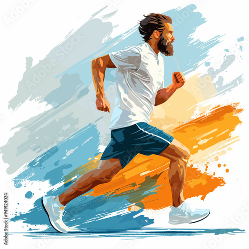 A man is running in a painting with a blue and orange background. The painting has a lively and energetic mood, with the man's running motion and the bright colors of the background