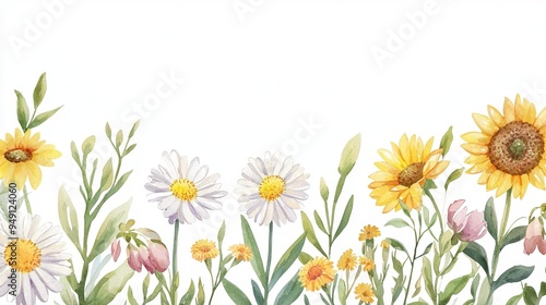A vibrant watercolor illustration of sunflowers and daisies, perfect for adding a touch of nature to your projects.