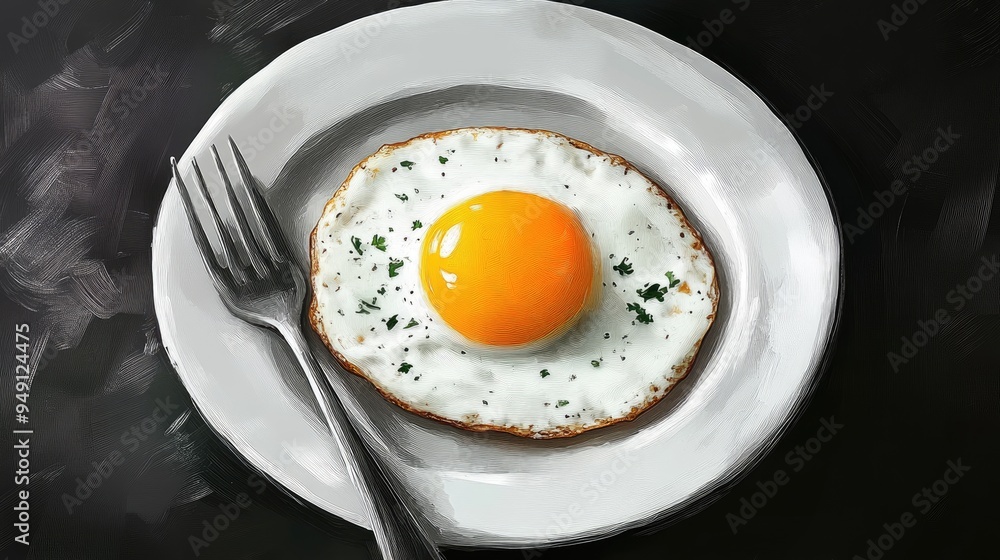 A fried egg on a white plate with a fork. Perfect for illustrating breakfast, food, and cooking.