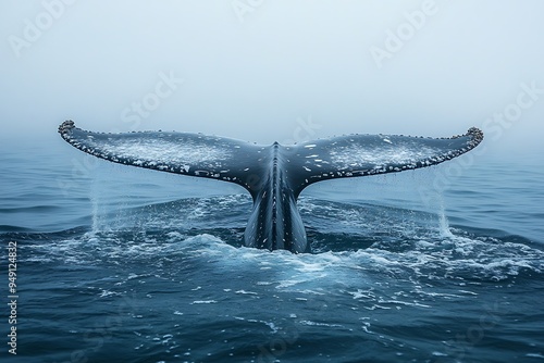 A whale tail emerges from the ocean, showcasing the power and mystery of the deep sea.