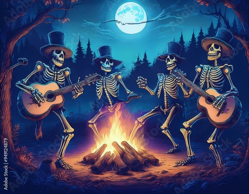 A skeleton jug band playing and dancing in the moonlight of a forest with a campfire in front of the band