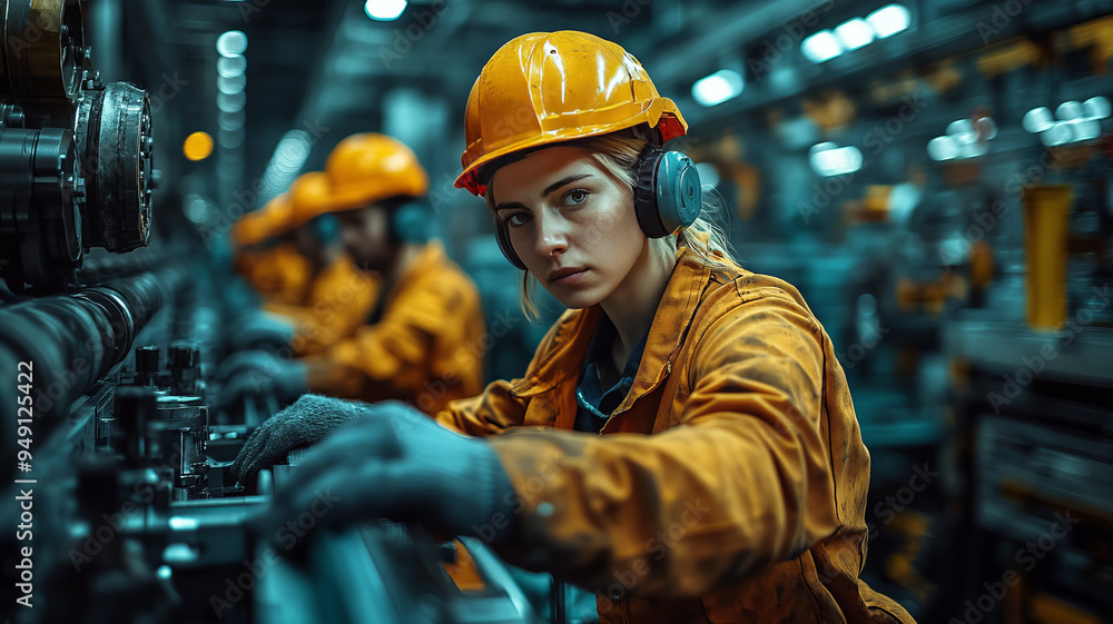 A group of migrant workers operating heavy machinery in a bustling factory, A group of migrant workers operating heavy machinery in a bustling factory,