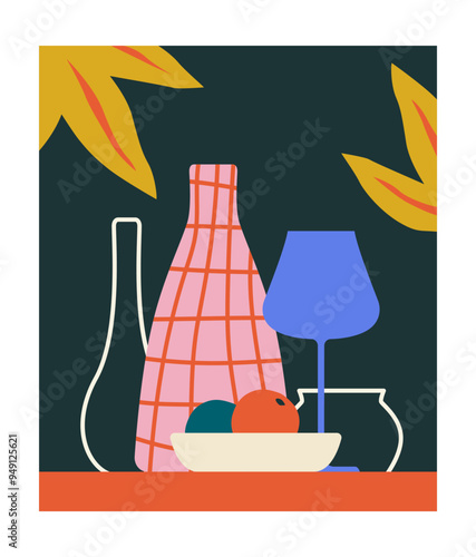 Still life poster. Vase with lamp and bowl with fruits. Minimalistic creativity and art. Decor and interior elements. Comfort and coziness. Social media cover. Flat vector illustration