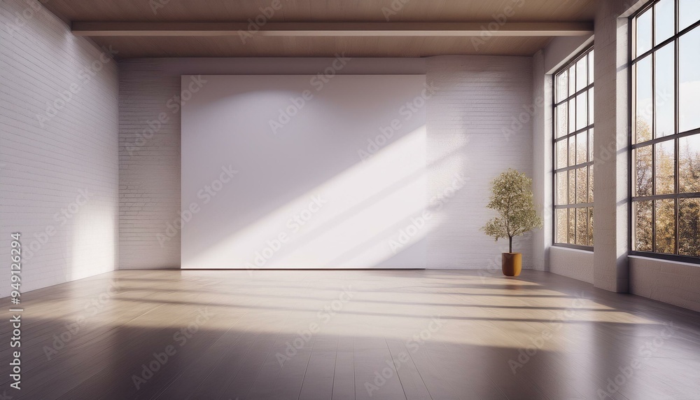 Obraz premium Blank white wall mockup in sunny modern empty gallery, 3d rendering