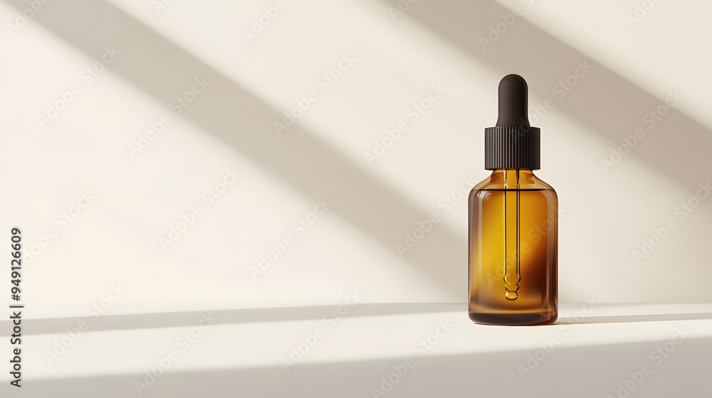 A realistic face view of a luxurious dropper bottle with serum, placed on a clean white surface with a slight shadow and minimal decor A realistic face view of a luxurious dropper bottle with serum, placed on a clean white surface with a slight shadow and minimal decor