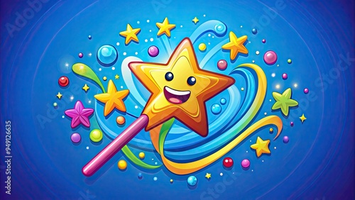 Vibrant cartoon-style icon of a smiling animation wand with stars and sparkles, surrounded by colorful swirling shapes, on a bright blue background. photo