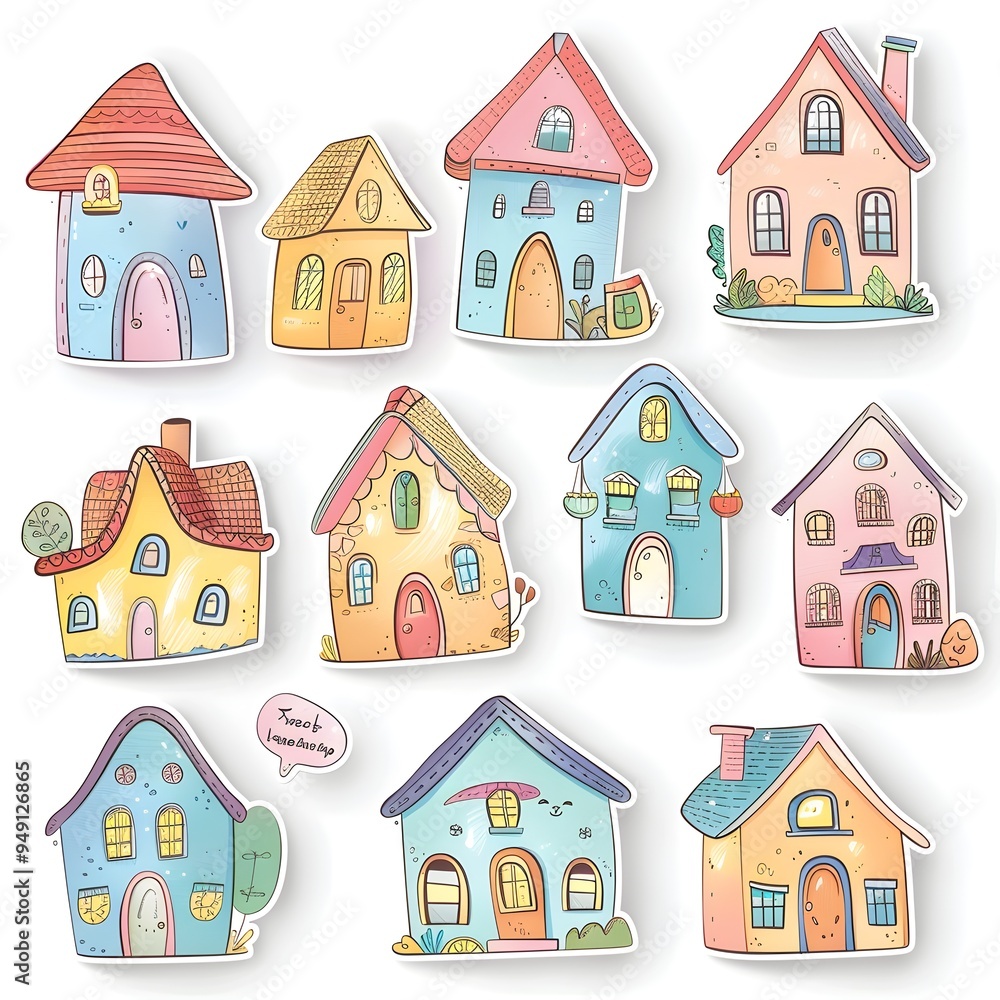 sticker pack of cute cartoon house home in pastel colors, white background, vector art illustration sticker pack of cute cartoon house home in pastel colors, white background, vector art illustration