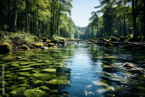 A crystal-clear river running through a dense forest. Concept of natural sanctuary. Generative Ai.