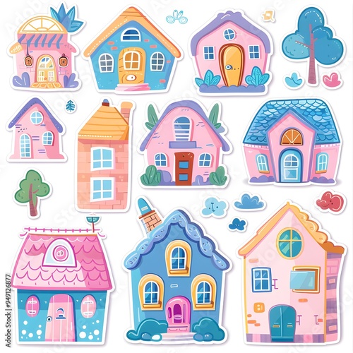 sticker pack of cute cartoon house home in pastel colors, white background, vector art illustration