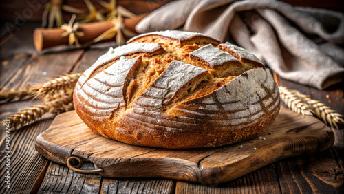 Fresh delicious round bread on a wooden rustic table