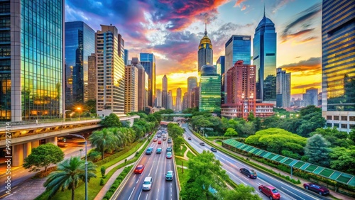 Vibrant cityscape showcasing urban dynamism with sleek skyscrapers, busy streets, and colorful billboards, surrounded by lush greenery and bustling with various modes of transportation.