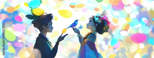 A Symphony of Love and Nature: Anime couple finding magic in a vibrant, bokeh-filled garden, a bluebird perched on their joined hands. 