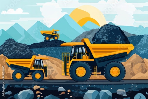 Mining Trucks on a Mountain Road: A vibrant and stylized illustration depicting three yellow dump trucks navigating a rocky mountain road, carrying loads of coal. The picturesque backdrop features a s photo