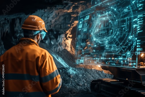 Mining the Future: A lone miner, clad in safety gear, stands before a massive holographic display, visualizing a complex network of data in a futuristic mining operation. The image captures the inters