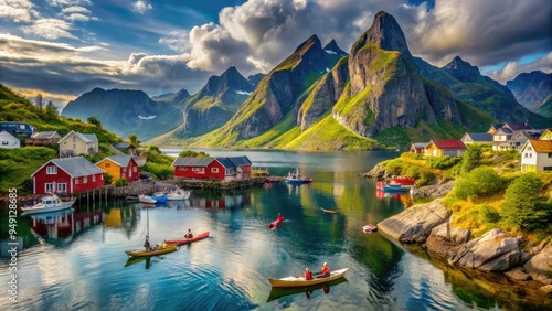 Vibrant colorful houses and rugged mountains surround a serene fjord in Norway's Lofoten Islands, with hikers and kayakers enjoying the breathtaking scenery. photo