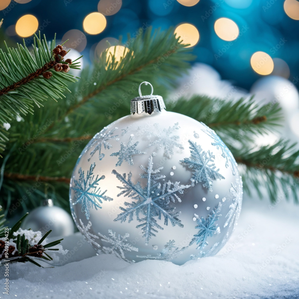 Shiny Snowflake Ornament on White Fir Tree Shiny Snowflake Ornament on White Fir Tree