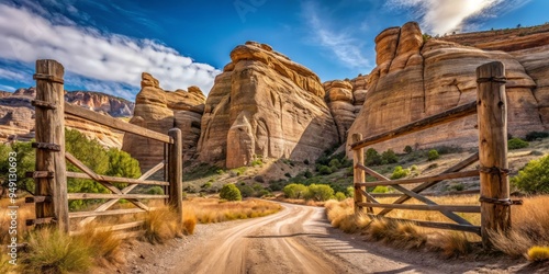 A rustic gate hangs crookedly from a wooden post, leading to a secluded rural road that snakes through a valley of towering sandstone formations, where ancient petroglyphs hold secrets photo