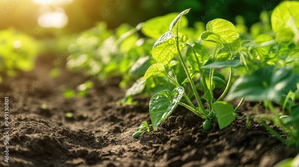 Close-up of green bean plants in soil. This image can be used to represent growth, nature, and agriculture. Close-up of green bean plants in soil. This image can be used to represent growth, nature, and agriculture.