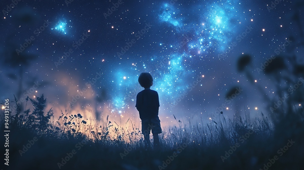 Fototapeta premium A child stands in a field, gazing up at a mesmerizing night sky filled with stars