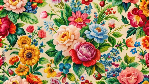 Wallpaper Mural Vibrant floral chintz prints adorn vintage fabric, showcasing intricate botanical designs and bold color combinations on a soft, textured background. Torontodigital.ca