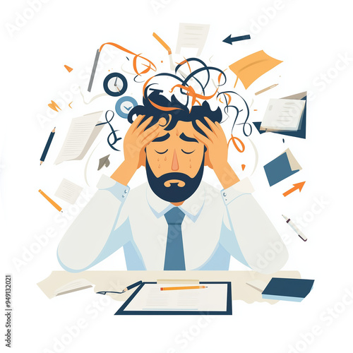 Tired Businessman Suffering From Nervous Breakdown: Illustration of Exhausted Man Coping with Stress and Overwork in Chaos.