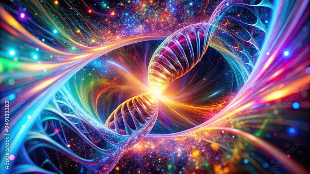Vibrant, futuristic 3D illustration of a glowing, neon-lit DNA double helix emerging from a swirling, psychedelic vortex of colors, symbolizing innovation and discovery. Vibrant, futuristic 3D illustration of a glowing, neon-lit DNA double helix emerging from a swirling, psychedelic vortex of colors, symbolizing innovation and discovery.