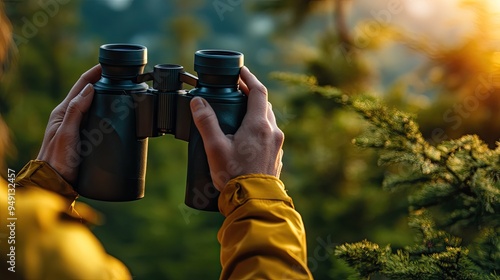 A person uses binoculars to view nature. This photo can be used to illustrate a blog post about nature observation or birdwatching.