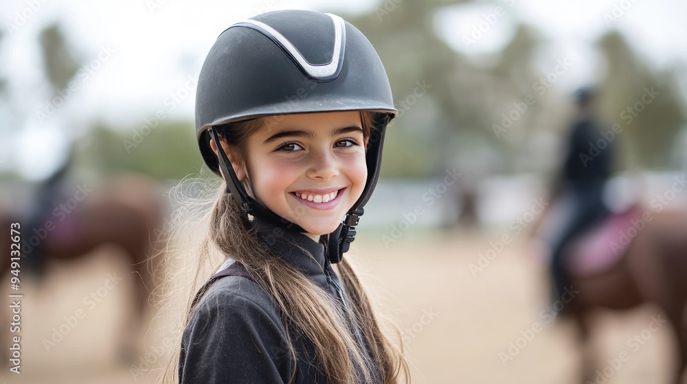 Smiling girl in a riding helmet. Perfect for articles about horseback riding and equestrian sports. Smiling girl in a riding helmet. Perfect for articles about horseback riding and equestrian sports.