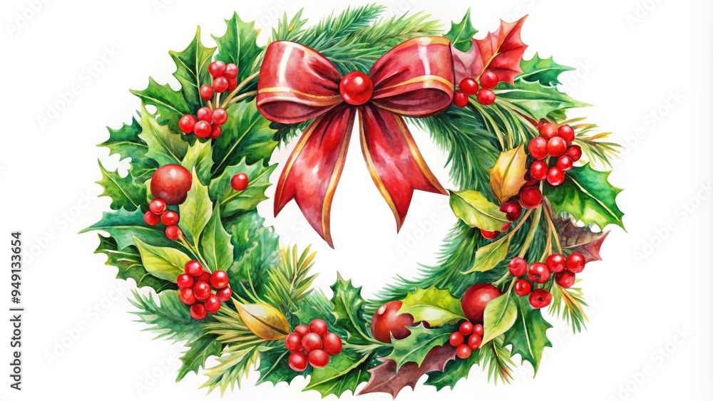 Fototapeta premium Vibrant, hand-drawn Christmas wreath adorned with intricate holly, berries, and ribbons, suspended on a white background, evoking a festive and whimsical holiday atmosphere.