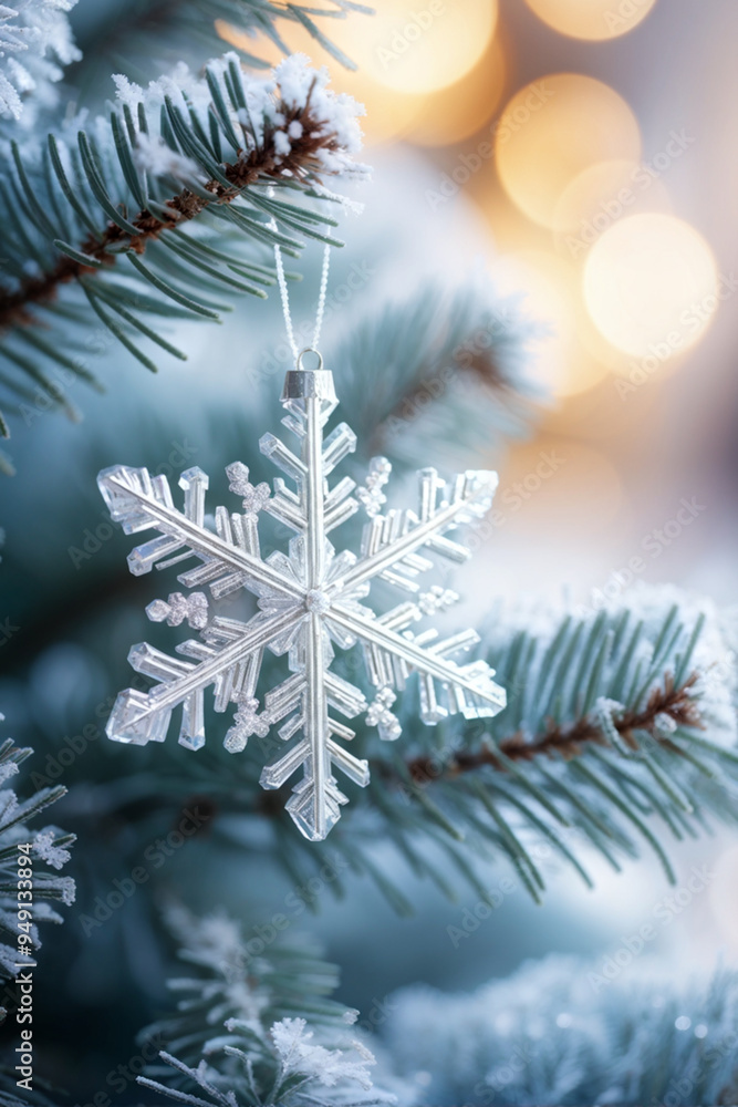 Shiny Snowflake Ornament on White Fir Tree Shiny Snowflake Ornament on White Fir Tree