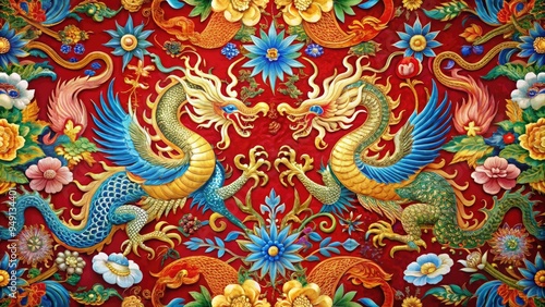 Wallpaper Mural Vibrant, intricate Chinese-inspired abstract design featuring intertwining dragons, phoenixes, and florals in shades of red, gold, and blue on a rich, textured background. Torontodigital.ca