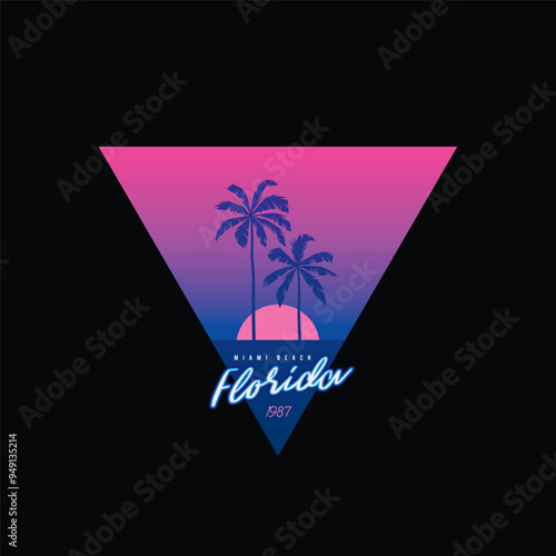 Original vector retro print isolated on black background. Palm trees on sunset background. T-shirt design.