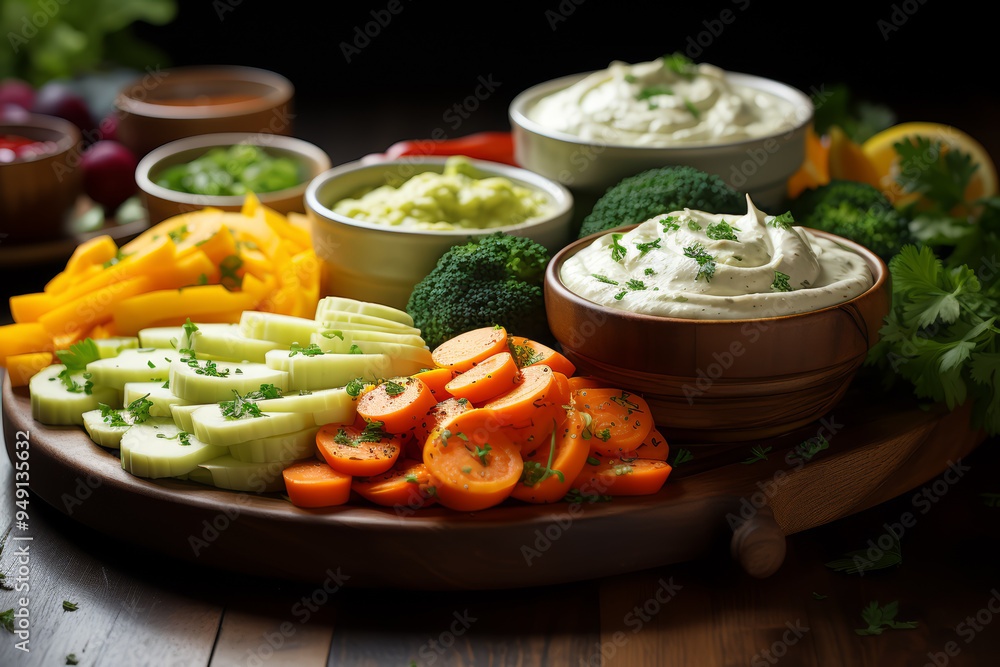 A platter of colorful vegetable crudites served with tangy yogurt dip, a refreshing and nutritious snack option. Concept of vibrant freshness. Generative Ai. A platter of colorful vegetable crudites served with tangy yogurt dip, a refreshing and nutritious snack option. Concept of vibrant freshness. Generative Ai.