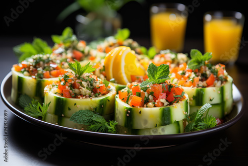 Quinoa salad cups filled with diced vegetables and dressed with a lemon vinaigrette, a satisfyingly wholesome snack. Concept of balanced nutrition. Generative Ai. photo