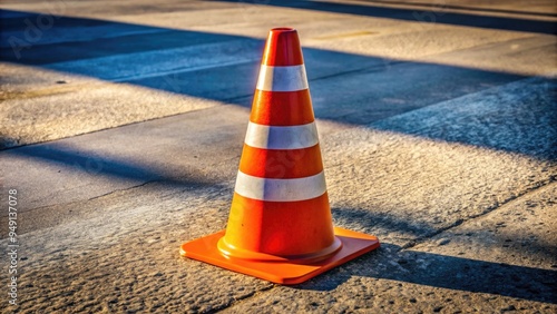 Vibrant orange traffic cone sits atop a rugged stone or concrete surface, its reflective stripe gleaming amidst subtle shadows and gentle lens blur.