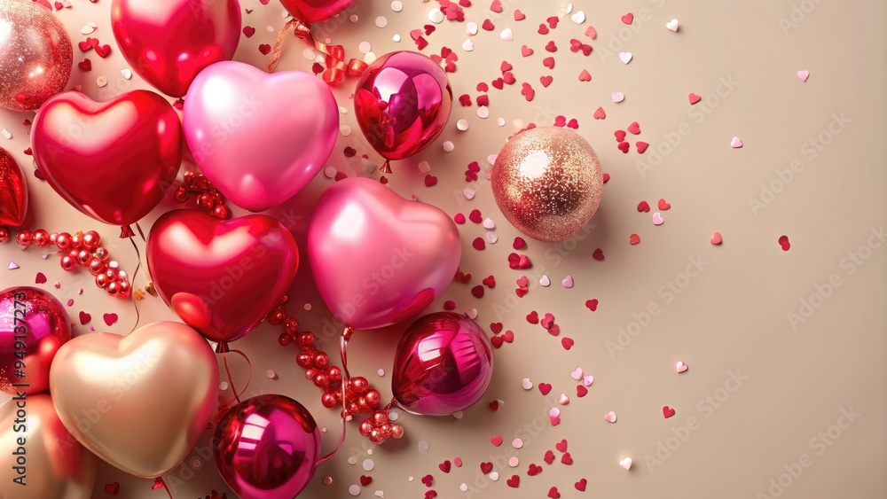 Vibrant pink and red balloons, confetti, and metallic ornaments surround a modern, minimalist beige background, capturing the essence of a trendy Valentine's Day celebration. Vibrant pink and red balloons, confetti, and metallic ornaments surround a modern, minimalist beige background, capturing the essence of a trendy Valentine's Day celebration.
