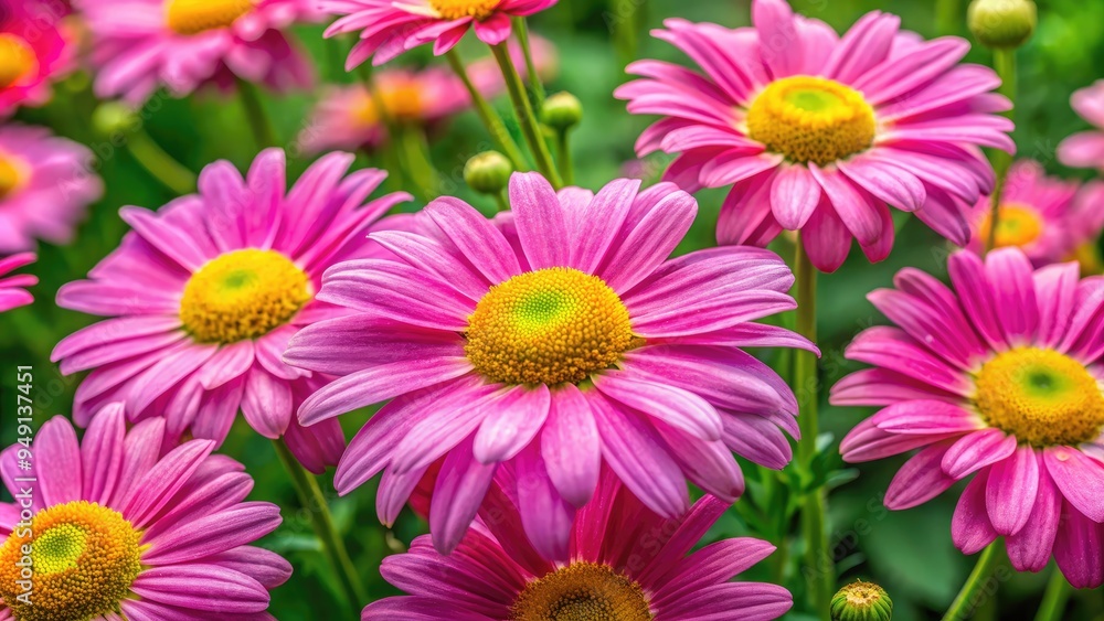 Vibrant pink daisies bloom amidst lush green foliage, delicate petals unfolding from bright yellow centers, creating a whimsical and cheerful summertime floral scene. Vibrant pink daisies bloom amidst lush green foliage, delicate petals unfolding from bright yellow centers, creating a whimsical and cheerful summertime floral scene.